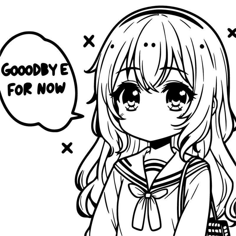 an anime girl sad saying "goodbye for now"