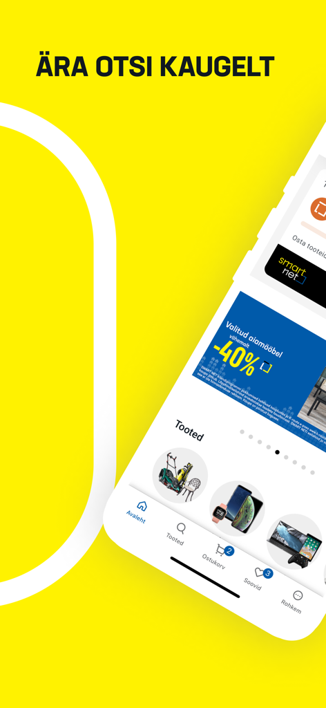 Ecrã principal da aplicação móvel da loja virtual K-rauta com ofertas de produtos e programa de fidelidade