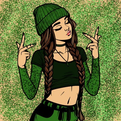 realistic teenage girl with braids and a beanie and crop top doing 🫶🏼