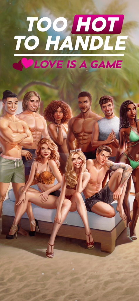 THTH: Love Is a Game NETFLIX - Un grupo diverso de personajes atractivos en traje de baño posando en una playa tropical para el juego de Netflix Too Hot To Handle