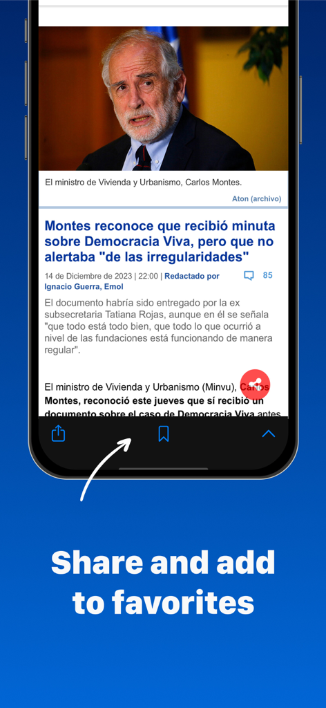 Smartphone screen showing a Chilean news article with options to share and add to favorites
