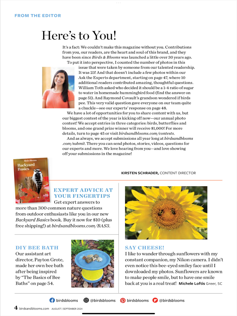 Birds & Blooms - A digital page from the Birds and Blooms magazine app featuring an editor's message, birding tips, and a DIY bee bath.