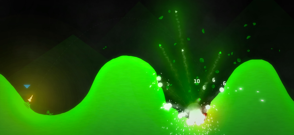 Action gameplay in ShellShock Live showing a tank firing a weapon that creates a vibrant green explosion on hilly terrain