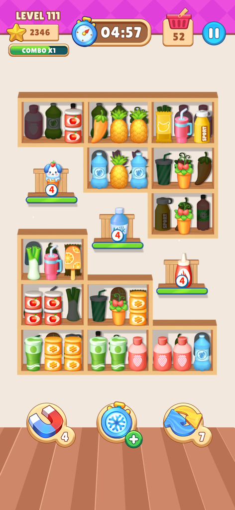 Gameplay screen of Match Goods Sorting Challenge showing realistic grocery items on shelves for triple matching puzzle