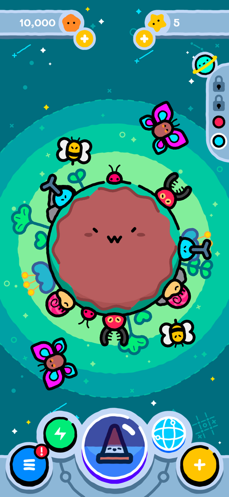 Idle Pocket Planet - A cute brown planet with a face surrounded by colorful cartoon insects like butterflies and beetles in a teal space background.