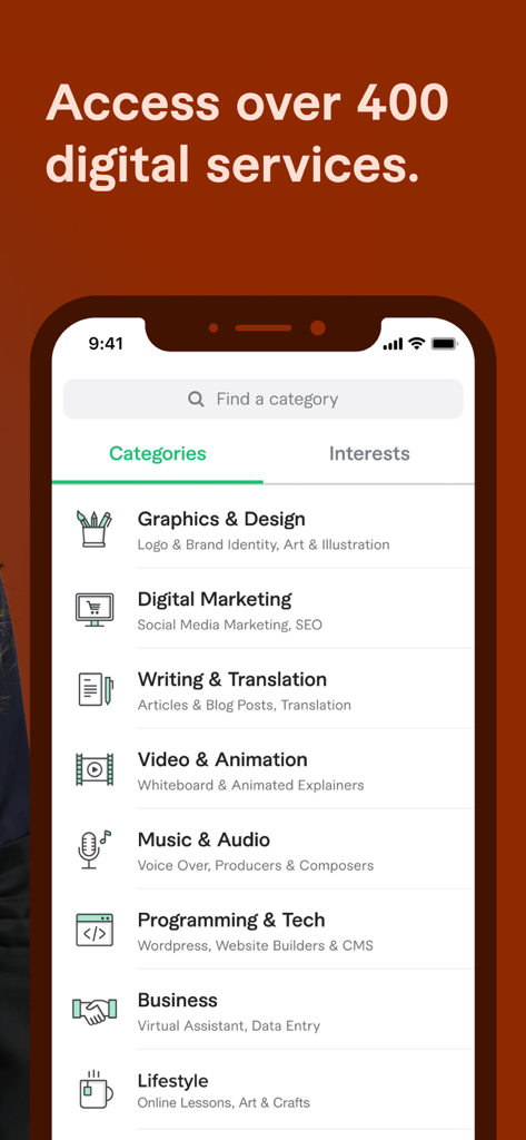 Fiverr app interface showing digital freelance service categories like graphics design and digital marketing
