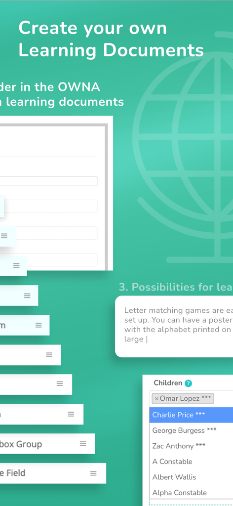 Interface for creating custom learning documents and managing student portfolios in the OWNA app