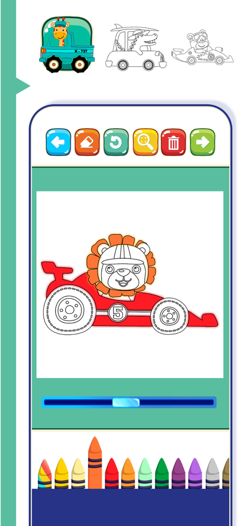 Cartoon lion in a red racing car coloring page with colorful crayons below