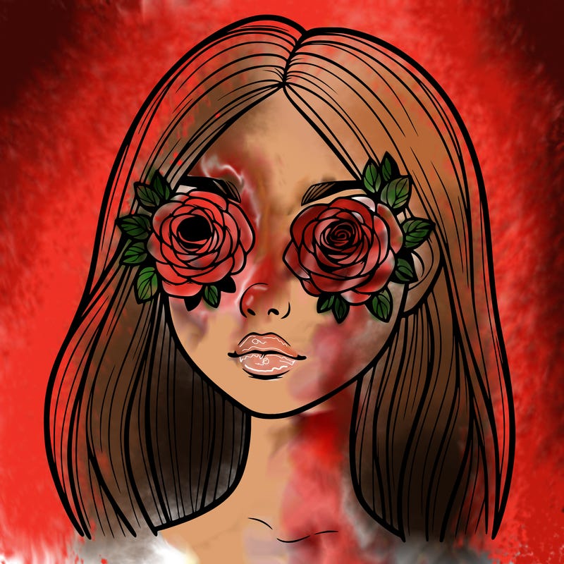 a realistic girl with roses for eyes