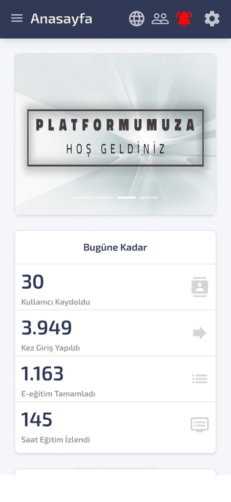 Mobil Akademi v3 - Mobil Akademi v3 app dashboard showing corporate training statistics like user registrations and course completions.