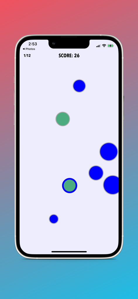 EyeAlign Quest - Écran du jeu mobile EyeAlign Quest montrant des exercices de thérapie visuelle avec des cercles colorés et le suivi du score.