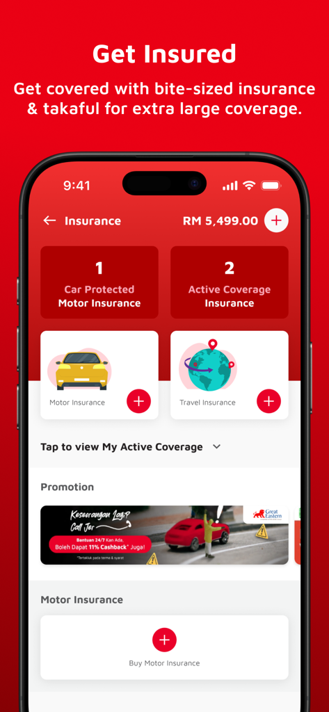 Screenshot of the Boost App Malaysia insurance section showing options for motor and travel insurance with a balance in Malaysian Ringgit.