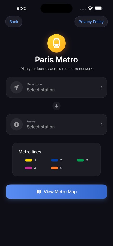 Schermata principale dell'app Metro Paris Map con pianificazione del percorso e funzionalità di selezione della stazione