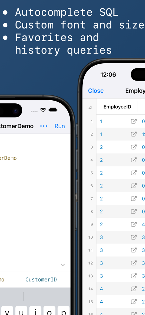 Interface of MySQL Client by SQLPro showing SQL autocomplete and database query results on mobile