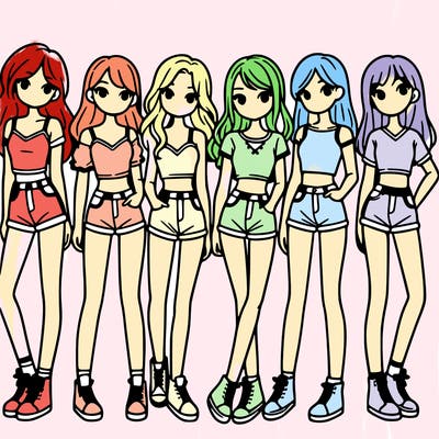 a group of girls wearing crop tops and shorts