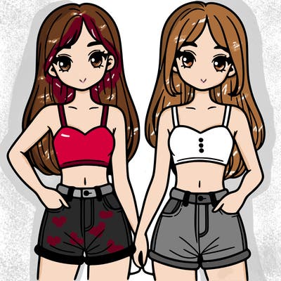 two sisters with crop tops and jean shorts and straight hair