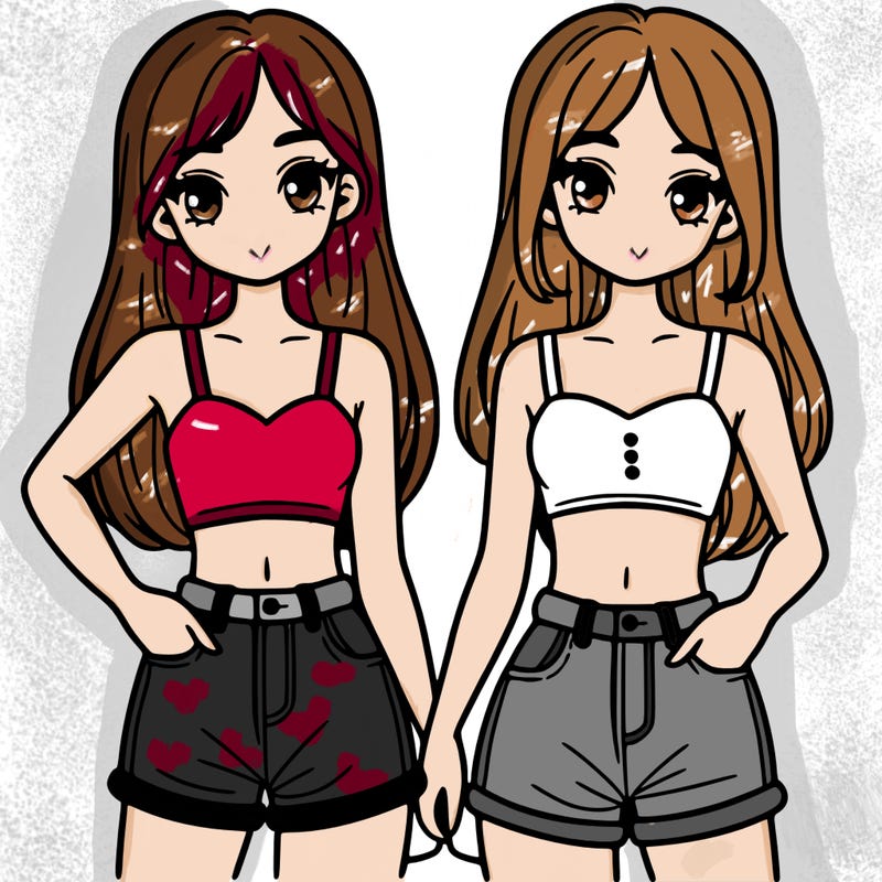 two sisters with crop tops and jean shorts and straight hair