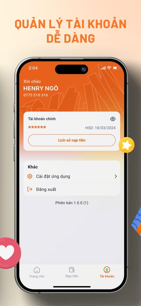 Interfaccia dell'app mobile FPT Shop che mostra la pagina di gestione dell'account con profilo utente e informazioni sul saldo