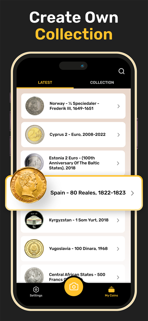 Mobile app screen showing a curated list of identified world coins in a digital collection