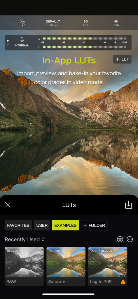 Pro Camera by Moment - Pro Camera by Moment app interface showing in-app LUTs and color grading options for professional video editing.