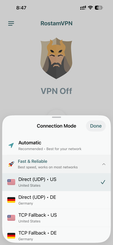RostamVPN - Unlimited Fast VPN - RostamVPN mobile app interface showing the connection mode selection menu with server options for United States and Germany