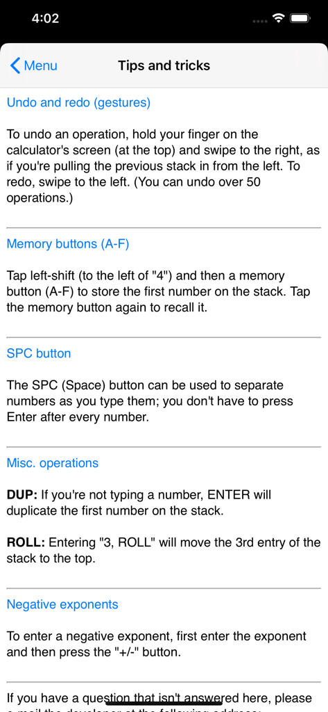 The tips and tricks help screen for the RPN Calculator 48 app explaining gestures and memory functions.