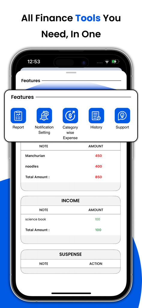 Expense Tracker - Daily Spend - Mobile app interface showing various finance management tools and transaction logs