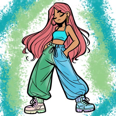 girl in baggy pants crop top and long hair