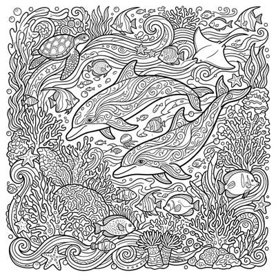 Immerse yourself in the breathtaking beauty of an underwater world with this intricate dolphin habitat coloring page. Designed for adults, it features a majestic marine ecosystem filled with detailed sea creatures and flowing coral patterns.