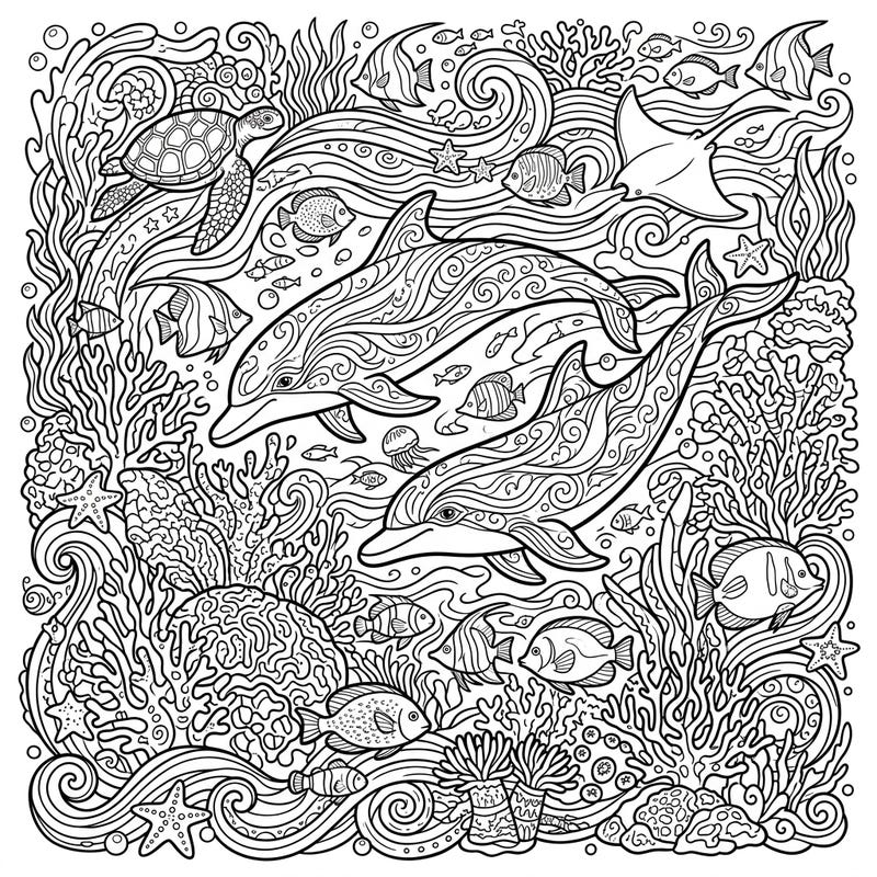 Immerse yourself in the breathtaking beauty of an underwater world with this intricate dolphin habitat coloring page. Designed for adults, it features a majestic marine ecosystem filled with detailed sea creatures and flowing coral patterns.