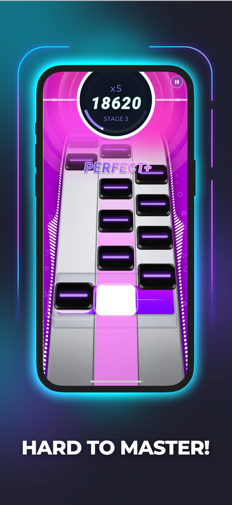 Beat Tiles: Music Game - Beat Tiles Music Gameのゲームプレイ画面。完璧なスコアとネオングローのタイルが表示されている。