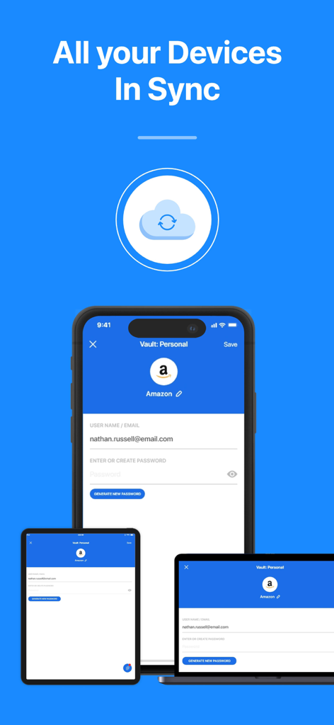 Password Manager ® - Oberfläche der Password Manager App, synchronisiert über Smartphone, Tablet und Laptop, zeigt dieselben Kontodetails.
