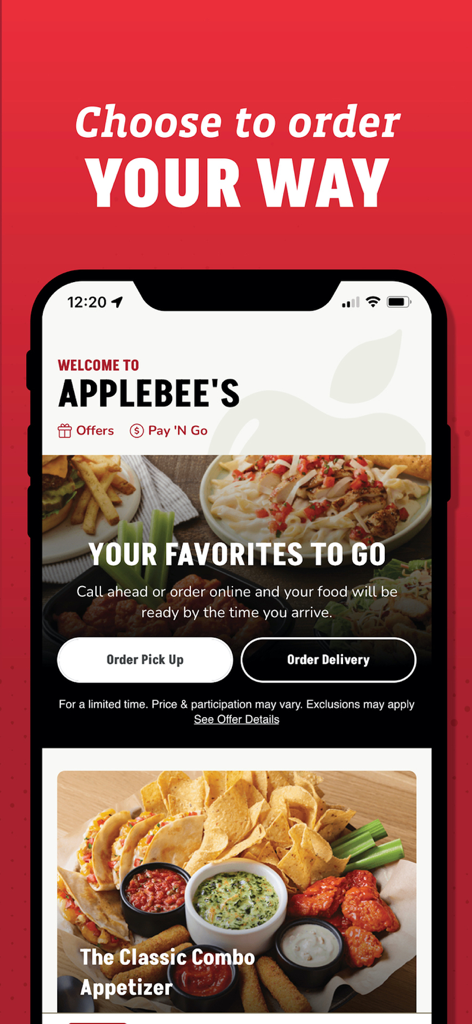 Applebee’s - Pantalla de inicio de la aplicación móvil de Applebee's que muestra opciones para recoger comida y entrega a domicilio