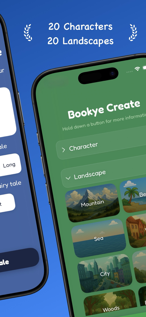 Bookye - Pantalla de la aplicación Bookye que muestra opciones para seleccionar personajes de la historia y paisajes como montañas, mar y ciudad para cuentos generados por IA