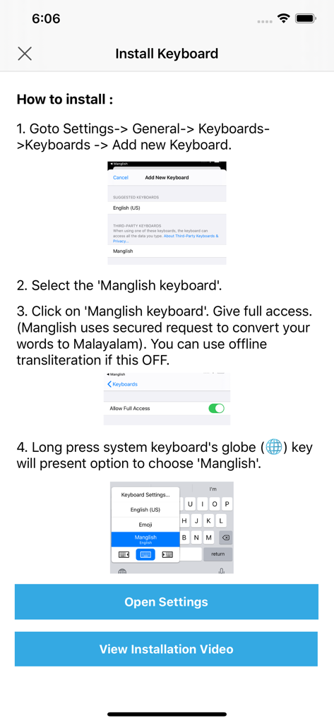 Step by step guide for installing and setting up the Manglish keyboard on a mobile device