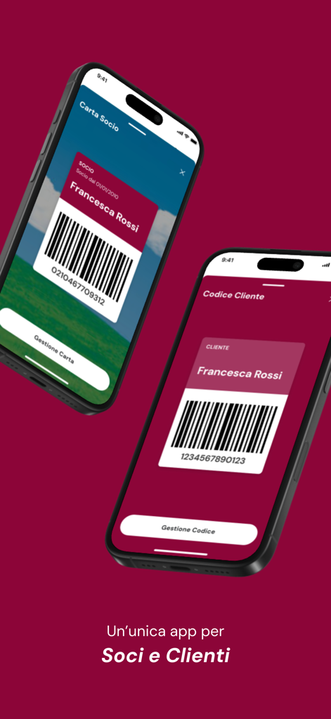 Due smartphone che mostrano la tessera socio digitale e le schermate del codice cliente nell'app coop.fi