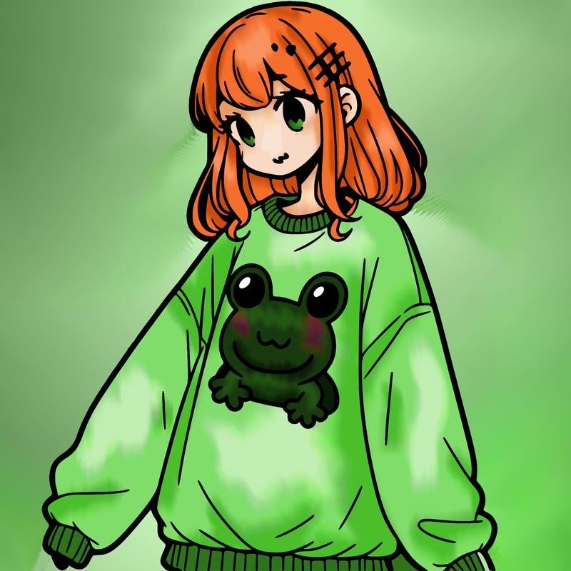 girl wearing frogging sweatshirt