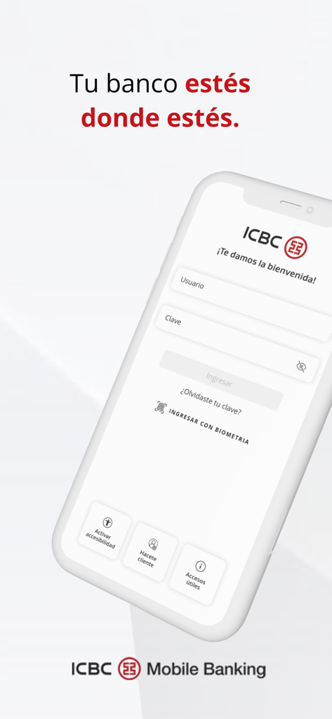Schermata di login di ICBC Mobile Banking Argentina con opzioni di accesso biometrico