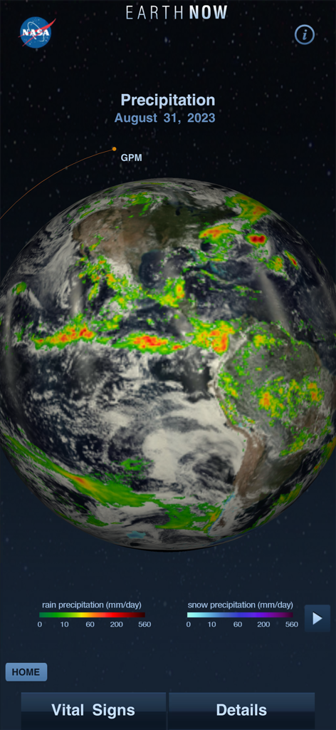 Um globo 3D no aplicativo NASA Earth-Now exibindo dados de precipitação global com legendas codificadas por cores para chuva e neve