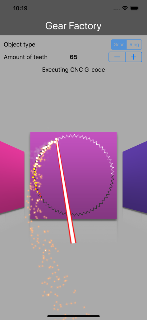 Überdoodle - Interfaz de la Fábrica de Engranajes de la app Uberdoodle que muestra la creación de un engranaje personalizado con 65 dientes