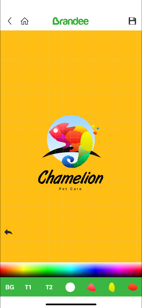 Brandeeアプリのインターフェース、黄色のグリッド背景にペットケアビジネス用のカラフルなカメレオンロゴデザインが表示されています