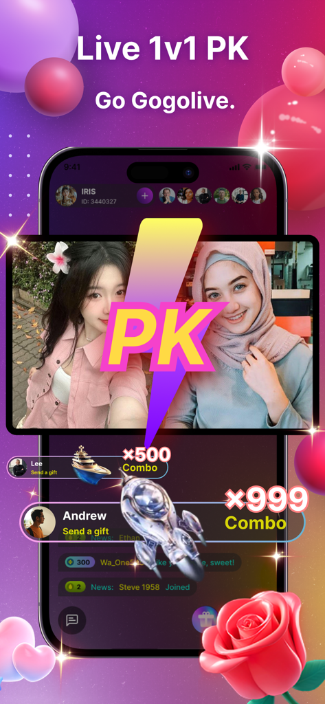 GOGOLIVE Video–Go Live, Chat - GOGOLIVE app interface showing a live 1v1 streaming battle with virtual gifts and chat interaction