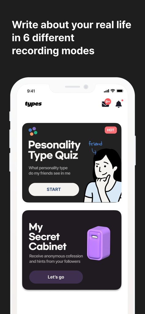 MyTypes app home screen showing Personality Type Quiz and My Secret Cabinet features