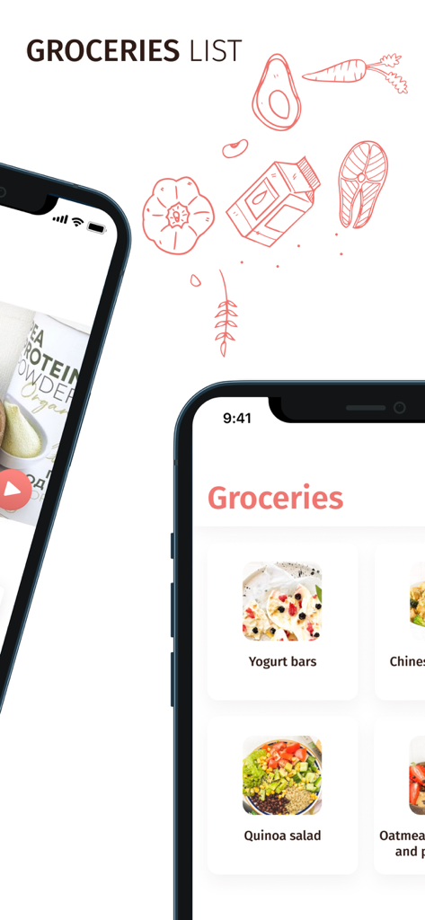 Martina's Cooking - Martinas Cooking app grocery list screen with recipe thumbnails for yogurt bars and quinoa salad
