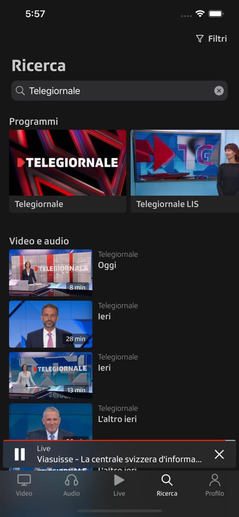 Play RSI - Pantalla de búsqueda de la aplicación Play RSI que muestra resultados de programas de noticias para Telegiornale.