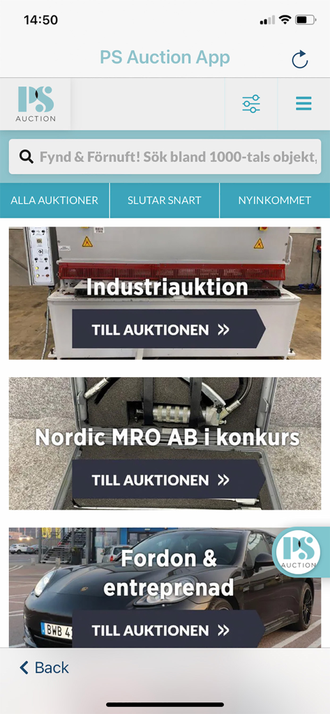 PS Auction App - Main screen of the PS Auction app displaying industrial machinery and vehicle auction categories.