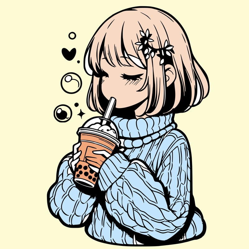 manga girl drinking boba in cozy sweater