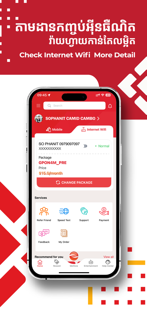 CamID: Metfone SuperApp - CamID app screen showing internet wifi subscription details, package price, and account management services.