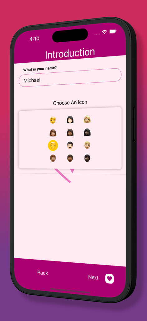 Our Time Together - Introduction screen of Our Time Together app showing name input and a grid of emoji icons for profile selection