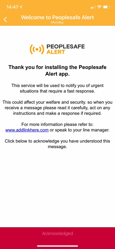 Peoplesafe Alert - Welcome screen of the Peoplesafe Alert app explaining urgent notification services and safety protocols